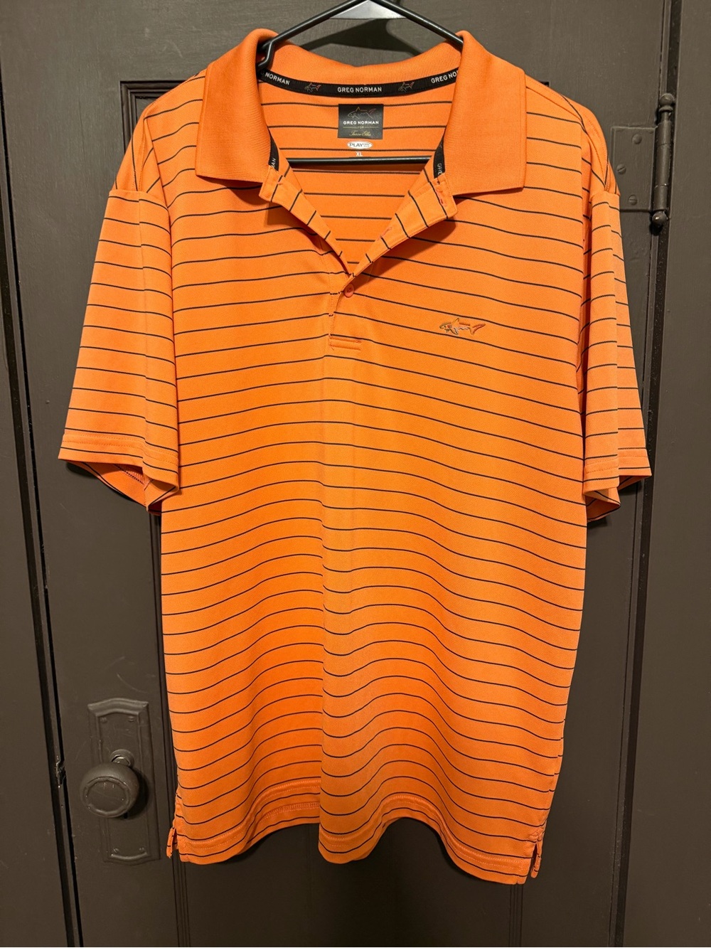 Greg Norman Collection Orange Polo with Thin Navy Stripes
